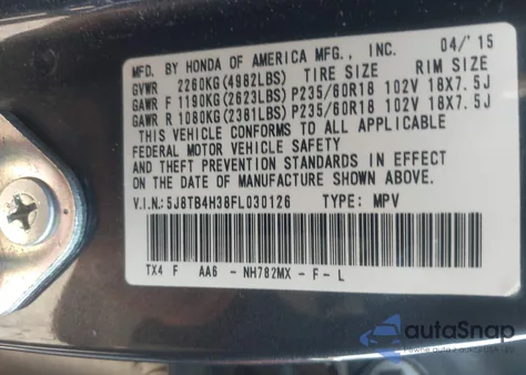 2015 Acura Rdx z USA, uszkodzony, nr VIN 5J8TB4H38FL030126